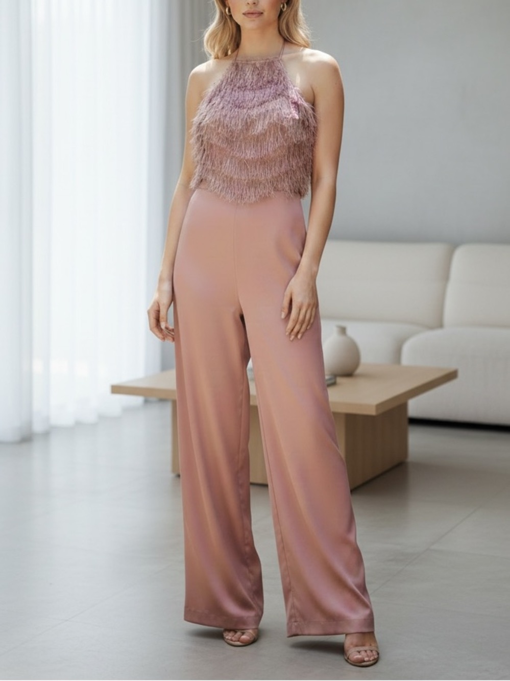 Anthropologie Hutch Dusty Rose Feather-Trim Halter Jumpsuit size 4